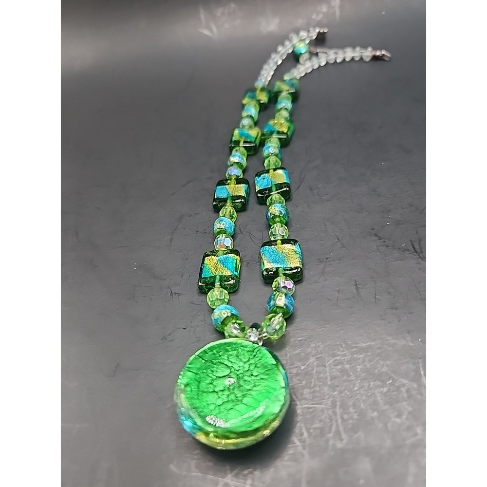 Vintage Handcrafted Art Glass Beaded Necklace Green, Blue, Metallic Foil 21" - Picture 16 of 16